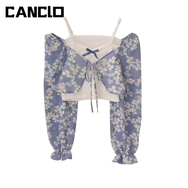 

Fake Two Pieces Elegant Floral Print Long Sleeve Shirt Women Shirts Blouses Bow Cold Shoulder Tops Y2k Aesthetic Tee Streetwear
