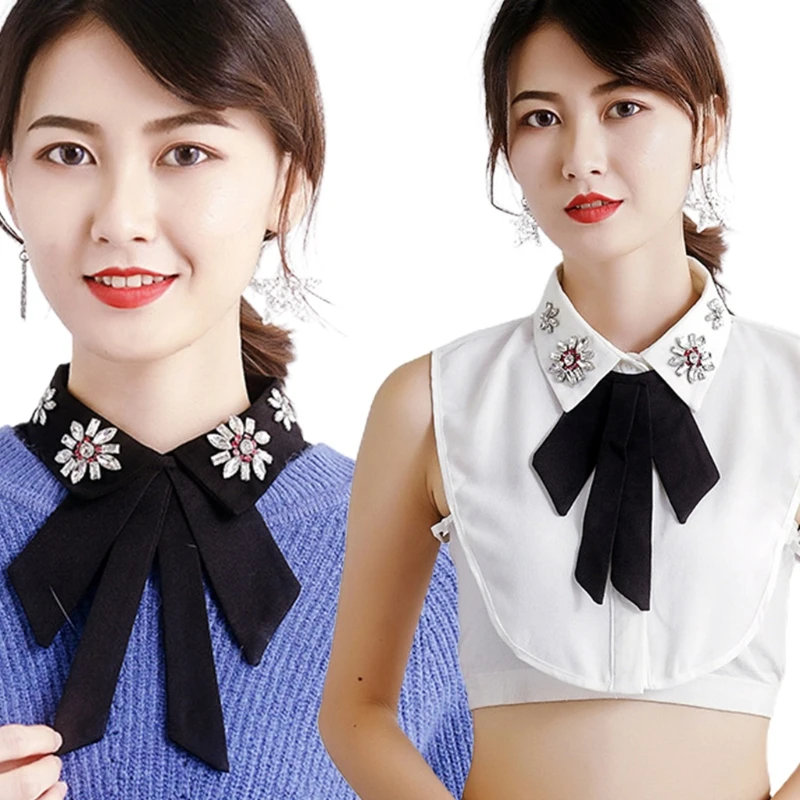 

N7MF Women Detachable Bowtie Faux Collar Decorate Sweater Formal Half Shirt Blouse Rhinestone Diamond Beaded Lapel Dickey