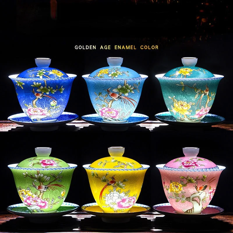 

170ML Enamel Colorful Tureen Teacup Ceramic Tea Bowl Tea Cup Saucer Golden Age Enamel Color Tea Maker Chinese Kung Fu Tea Set