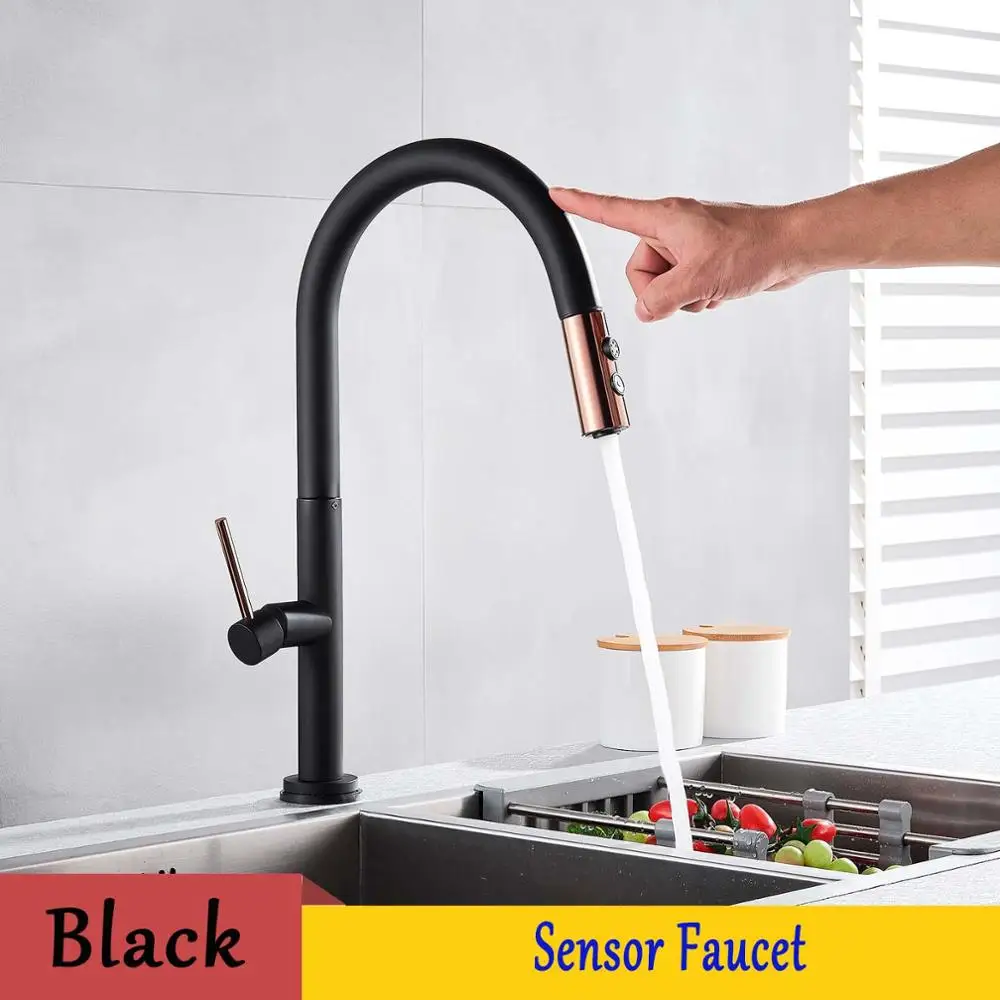 black sensor Белый/черный датчик кухонной раковины кран Pull out Sense сенсорный кран на бортике смеситель холодной горячей воды на батарейках - Цвет: black sensor