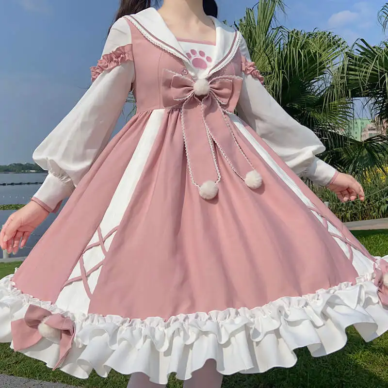 

2021 New Pink/Blue/Green Lolita Op Dress Lovely Kawaii Girl Jk Student Lolitas Style Cosplay Anime Gothic Long Sleeve High Waist
