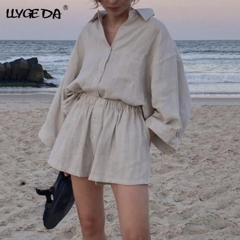 

Linen Solid Ovesize Women Shorts Set Long Sleeve Shirt And Elastic Waist Pants Ladies Two Pieces Sets Summer Loose Casual Beach