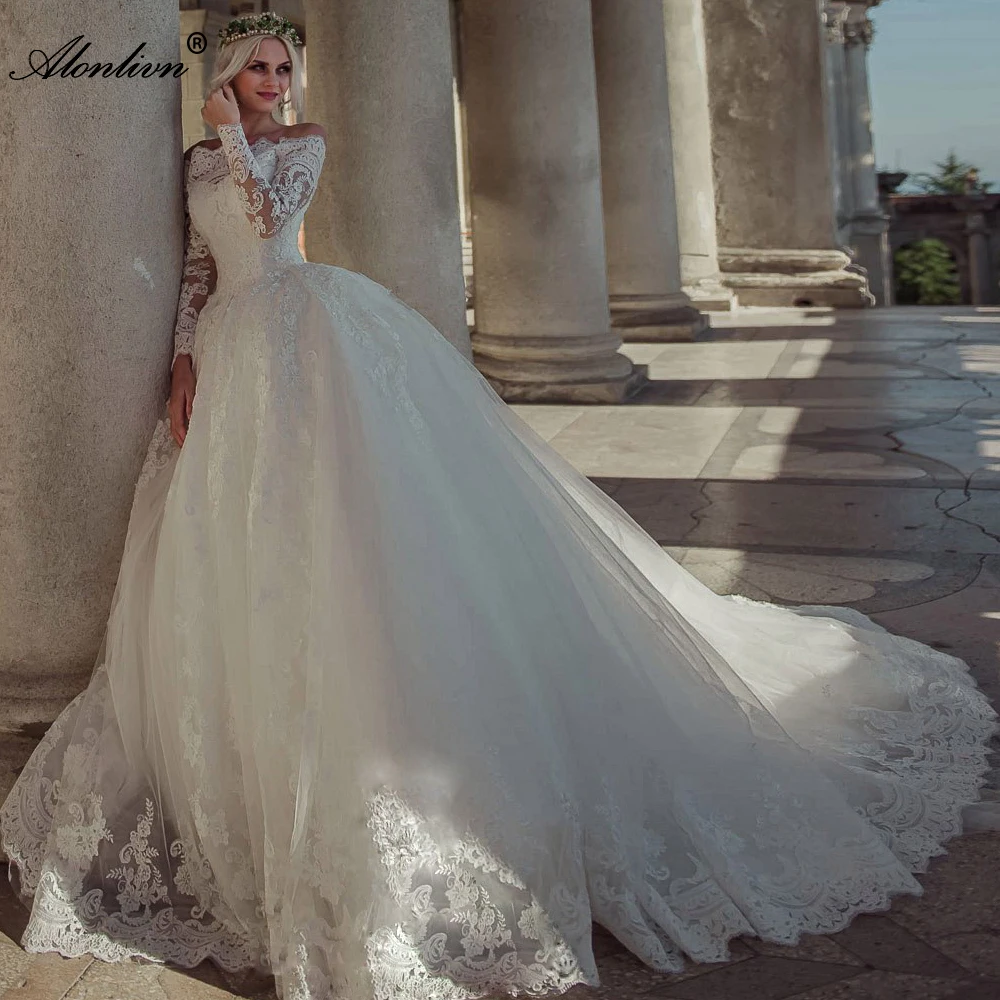 Потрясающее кружевное свадебное платье с длинными рукавами Alonlivn бальное