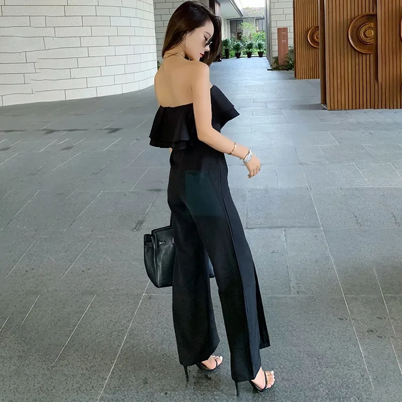 

VGH Temperament Casual Jumpsuit For Women Slash Neck Sleeveless Ruffles High Waist Loose Jumpsuits Female Fashion Clothing Style