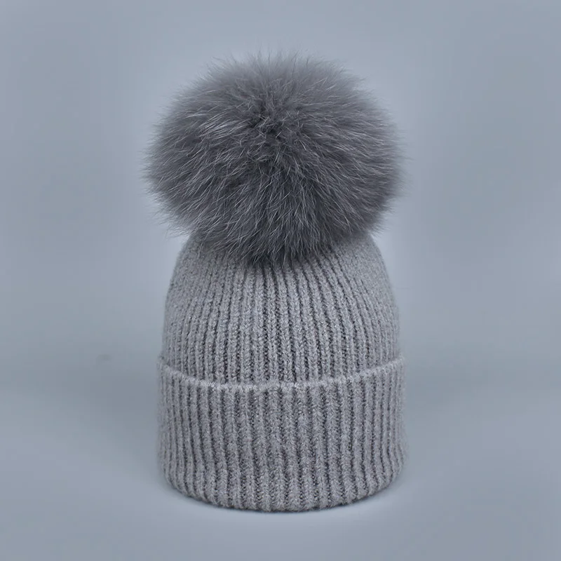Parent-child Wool Knitted Scarf Hat Set With Real Fox Fur Pompons Women Girls Winter Warm Thick Crochet Hat Scarf 2 Pieces Sets - Color: R