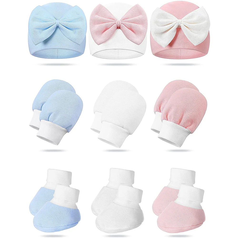 

9 Pieces Newborn Baby Beanie Hats Mittens and Socks Set, Infant Bowknot Caps No Scratch Baby Mitten Gloves Bootie for 0-6 Months