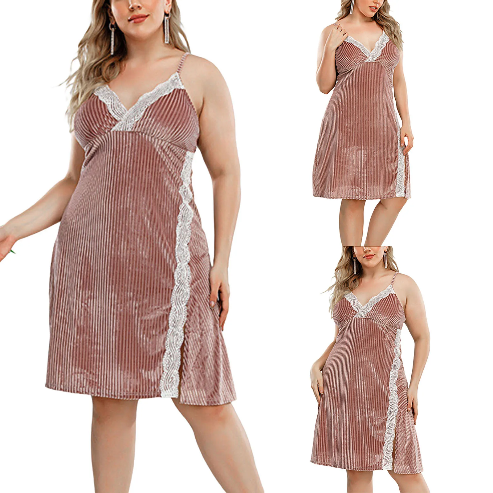 

2021 Summer Womens Sexy V-neck Suspender Dress Summer Fashion Lace Trim Stitching Backless Short Dress Hot Sale