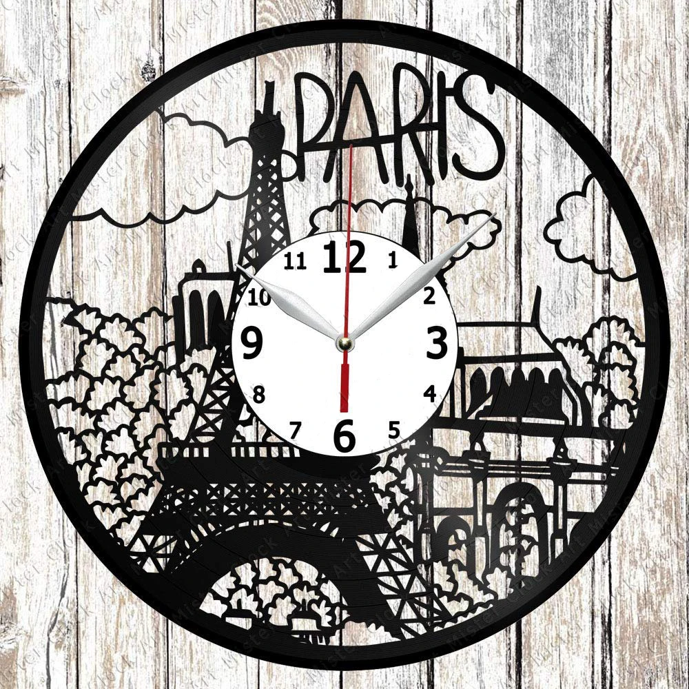 

Настенные часы с виниловой пластиной, уникальный дизайн для домашнего искусства Парижа, виниловые черные эксклюзивные украшения ручной ра...
