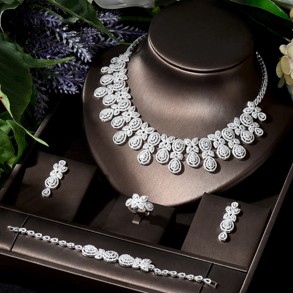 

HIBRIDE AAA Cubic Zircon 4pcs Jewelry Flower Design Chain Bridal Set for Women Wedding Party African Beads Jewelry Set N-835