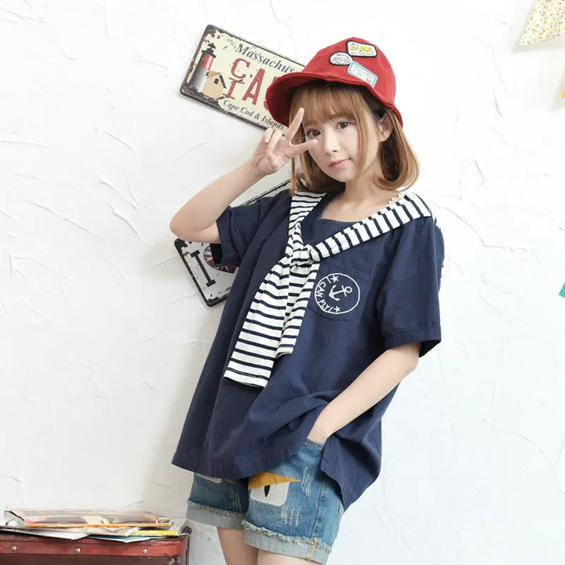 Футболка женская хлопковая с круглым вырезом и вышивкой якоря | Женская одежда