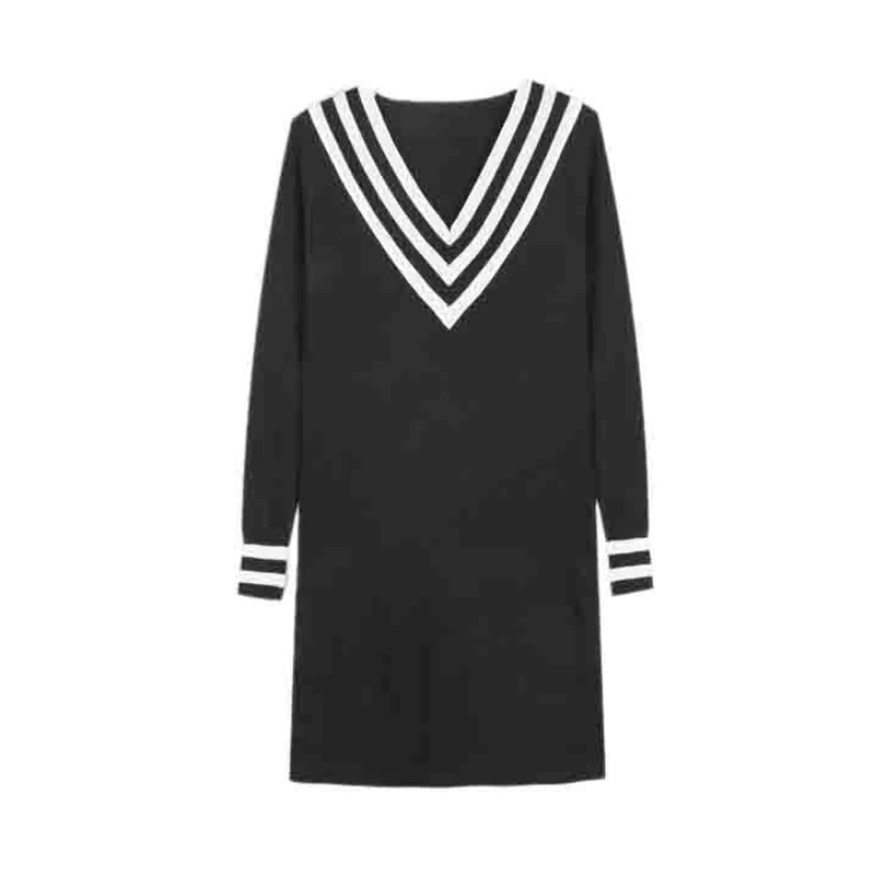 Women Autumn Winter Knitted Striped Dress Female Contrast Color Preppy Style Loose Sexy V-Neck Pullovers | Женская одежда