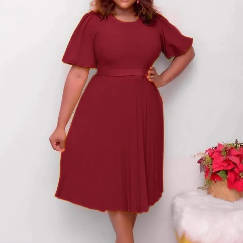 

New Style Dress African Party Dress Women's Clothing Solid Color O Neck Five-point Sleeves Mid-length Pleated Skirt With Belt