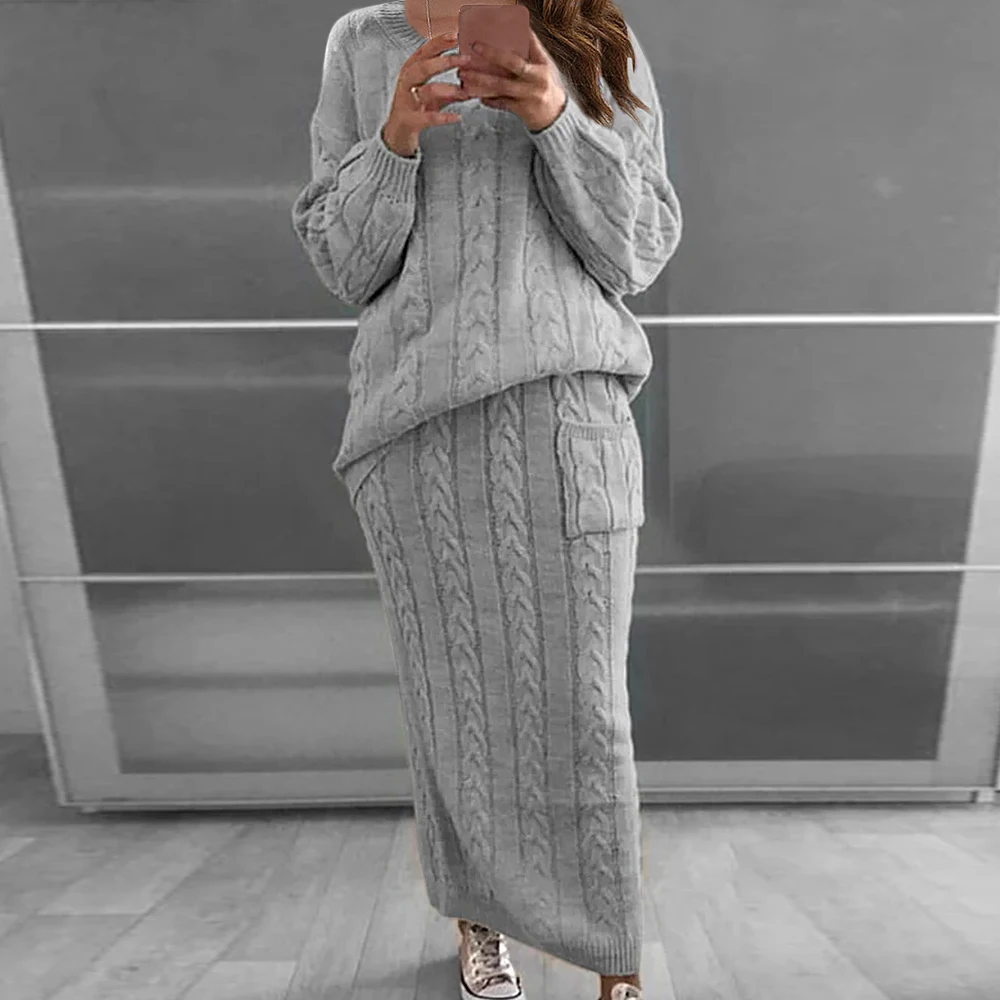 

Nowsaa Autumn Winter Knitted Sweat Suits Women Matching Sets Long Sleeve Jumper+Skirt Loungewear Sweater Two Piece Outfits