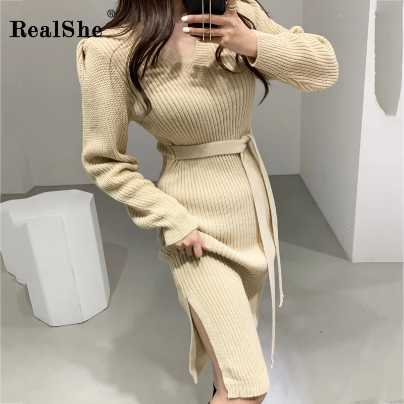 RealShe длинное платье элегантное v-образный вырез длинный рукав с буфами поясом