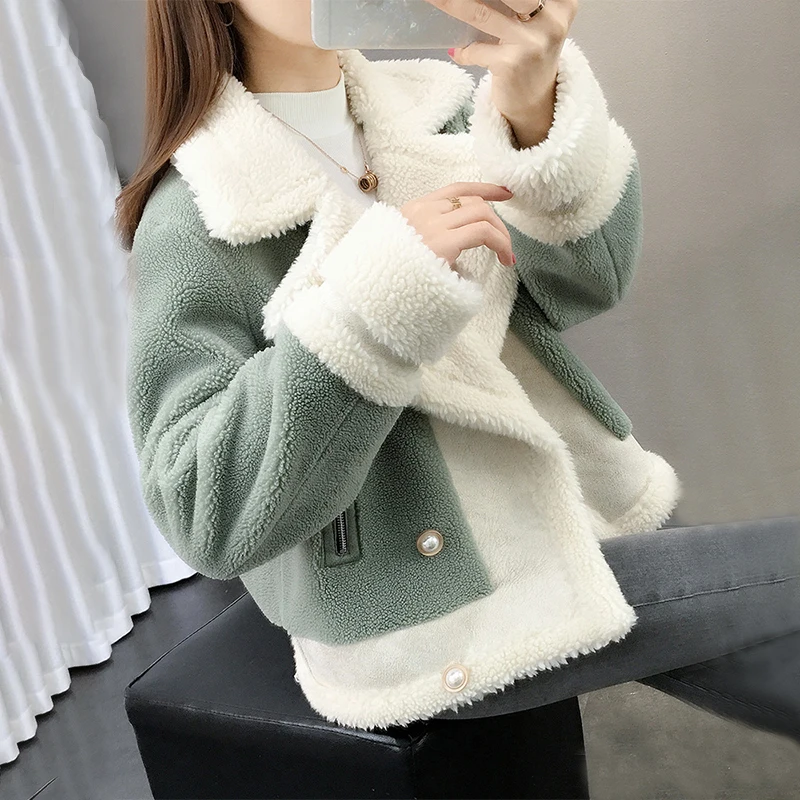 

Женское плюшевое пальто из ягненка, новинка 2021, женский короткий вязаный мех на осень и зиму, свободный утепленный свитер, кардиган