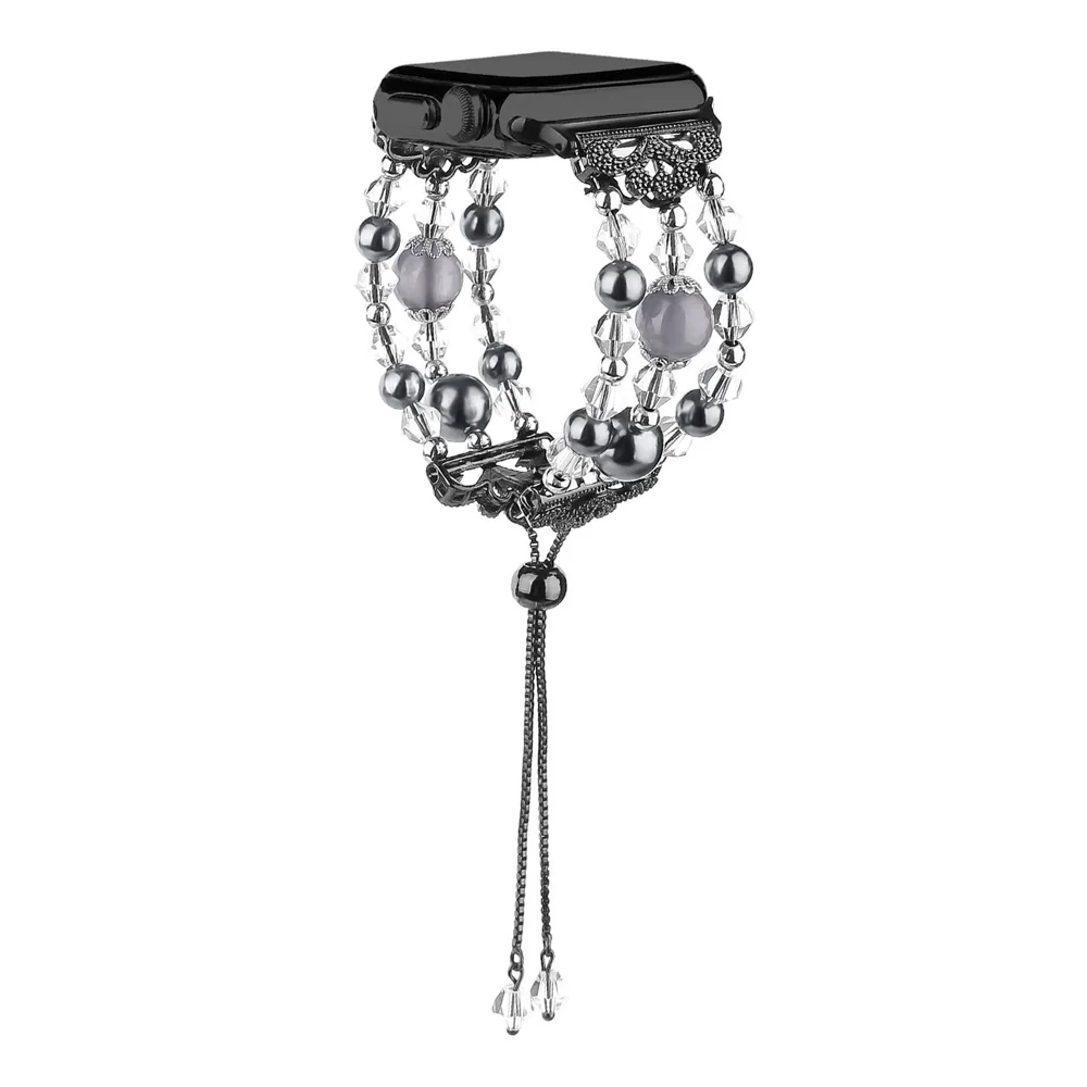 

Black Bracelet for Apple Watch 42mm 44mm SE 6 5 4 3 Adjustable Crystal Beads Women Pearl iWatch Band 38mm 40mm Jewelry Wristband