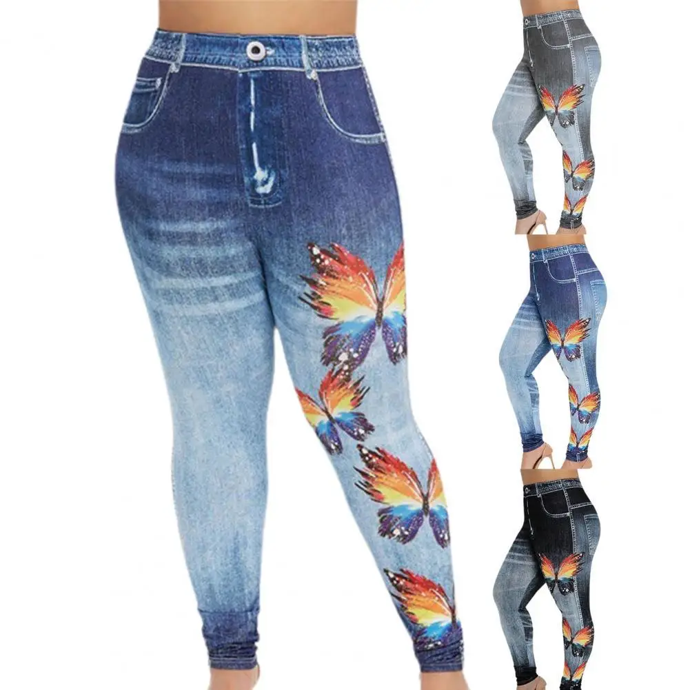 HOT SALES Multi Pockets Imitation Jeans Leggings Stretchy Tights Butterflies Print High Waist Yoga Pants for Running