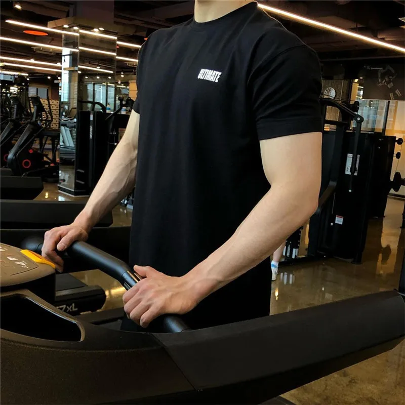 Men Cotton Solid Color T shirt Gym Bodybuilding Fitness Loose Oversized Fashion Short Sleeve Streetwear Sportswear T-shirt | Мужская