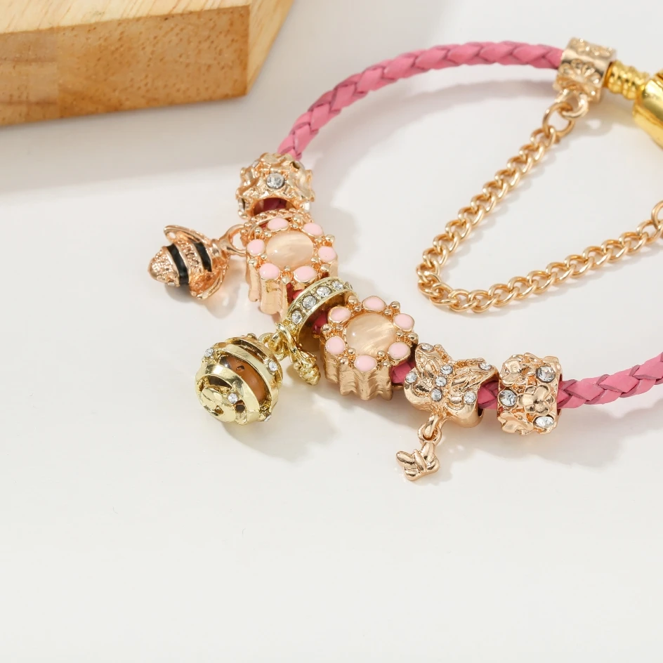 Pink Series Leather Rope DIY Golden Crystal Cute Bee And Butterfly Pendant Charms Ladies Children Bracelet Gift Direct Shipment | Украшения