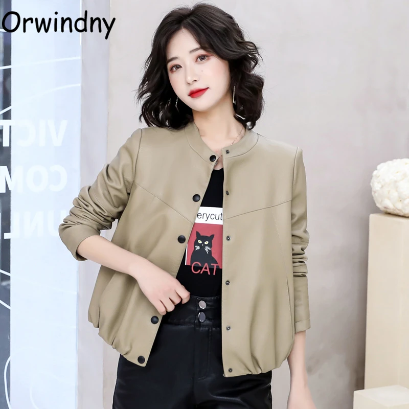

Orwindny Spring Solid Leather Coat Female Office Lady Fashion Clothing High Street O-Neck Short Leather Jacket For Girls