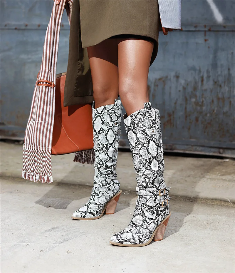 

MORAZORA 2021 New Brand pu leather women boots thick high heels pointed toe ladies shoes fashion snake classics knee high boots