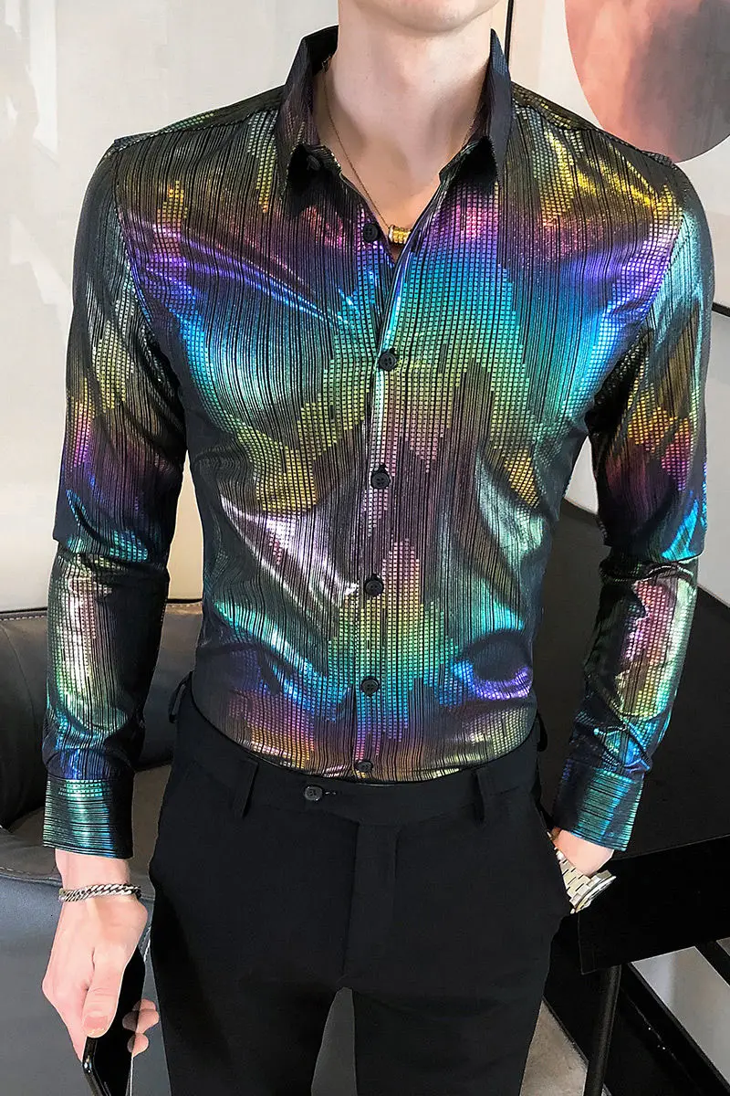 

2021 Spring Men Fashion Rainbow Slim Shirt Nightclub Bar Outfit Camisa Social Masculina Streetwear Mens Casual Shirts