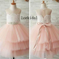 blush pink crystal flower girls dresses for weddings 2020 short sheer straps hollow back tulle cheap long first communion dress