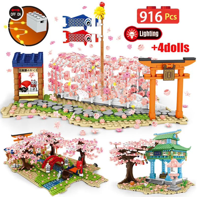 

City Street View Sakura Inari Shrine Building Blocks Cherry Blossom Friends House Tree Construct Brick Toys for Children