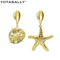 totasally beach designed golden alloy shell conch starfish mismatched dangle earrings party ocean style drop earrings for women