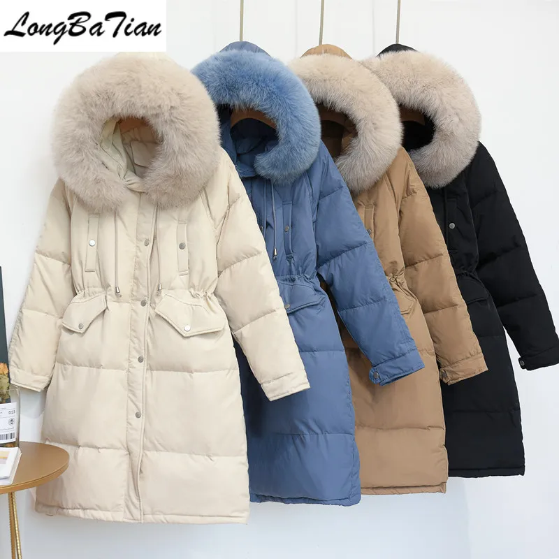 

New 90% White Duck Medium Long Fox Collar Hooded Coats Winter Jacket Women Real Fur Warm Down Parka