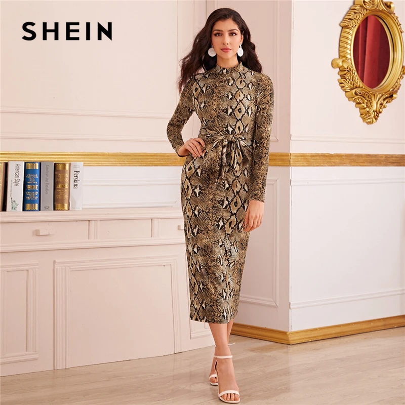 SHEIN abaya, разноцветное платье с воротником-стойкой, с разрезом сзади и завязкой спереди, змеиный принт, женское осеннее приталенное платье-карандаш, элегантные длинные платья