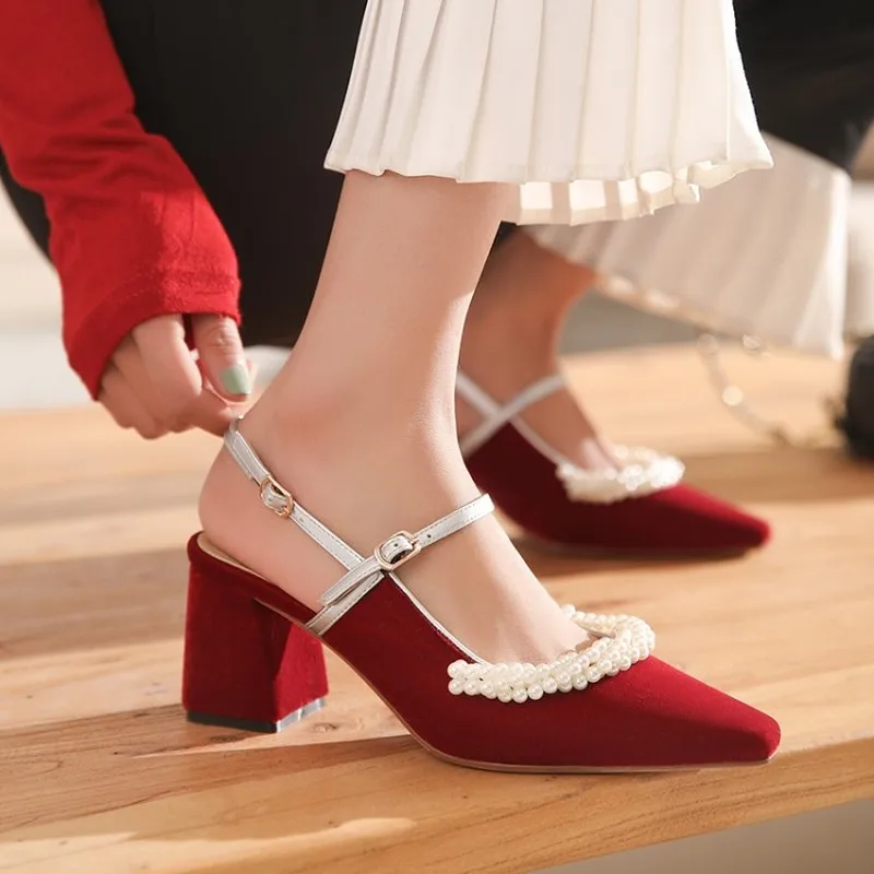 

Womens Suede Leather Pearls Baotou Toe Block Heel Slingbacks Mary Janes Retro Pumps Ankle Buckle Black Shoes Plus Size 2Colors