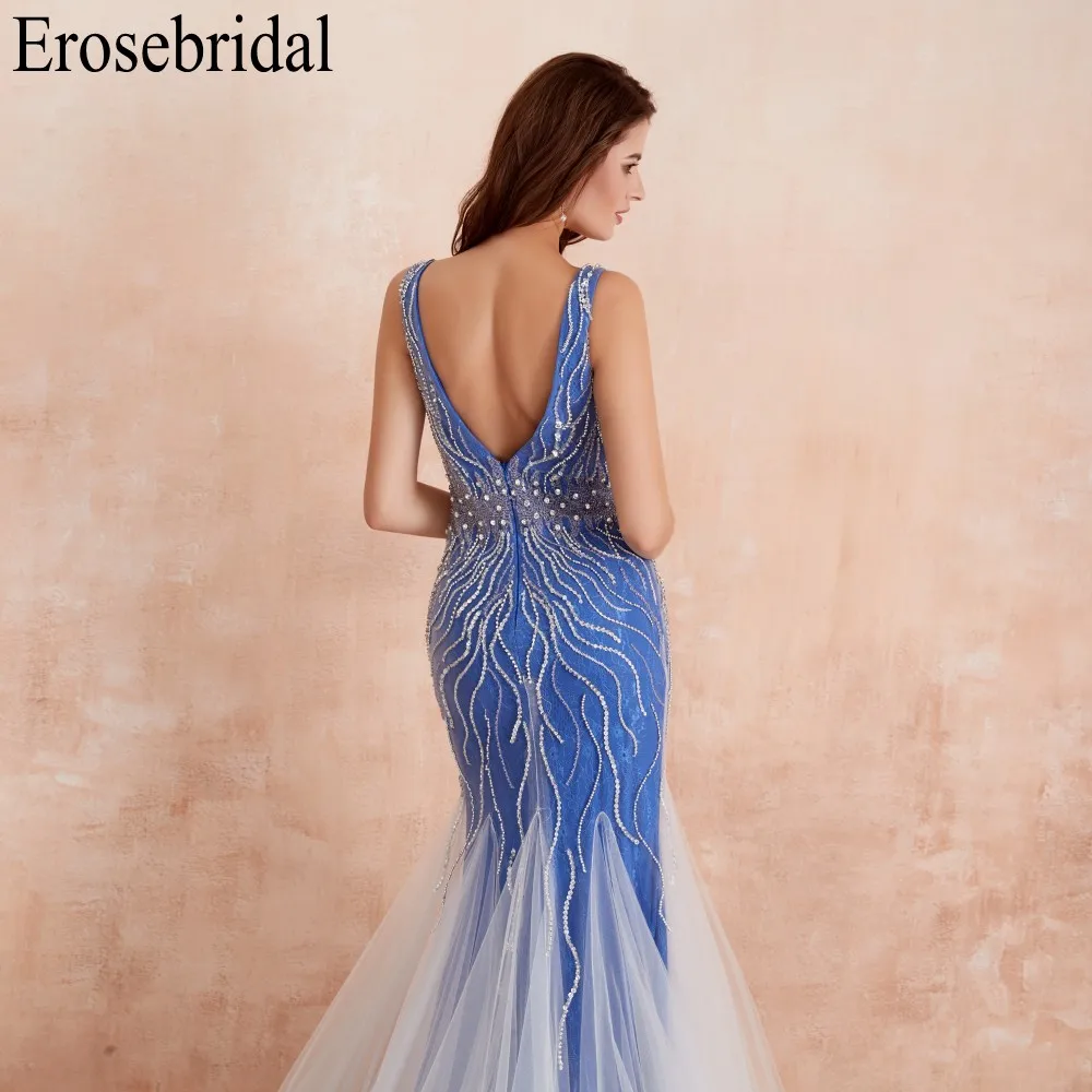 Erosebridal Русалка вечернее платье длинное светильник серый бисером роскошное длинное торжественное платье со шлейфом открытая спина