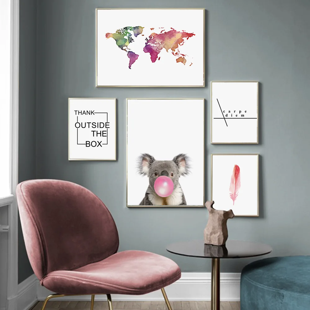 

World Map Koala Feather Carpe Diem Quotes Nordic Posters And Prints Wall Art Canvas Painting Wall Pictures For Living Room Decor