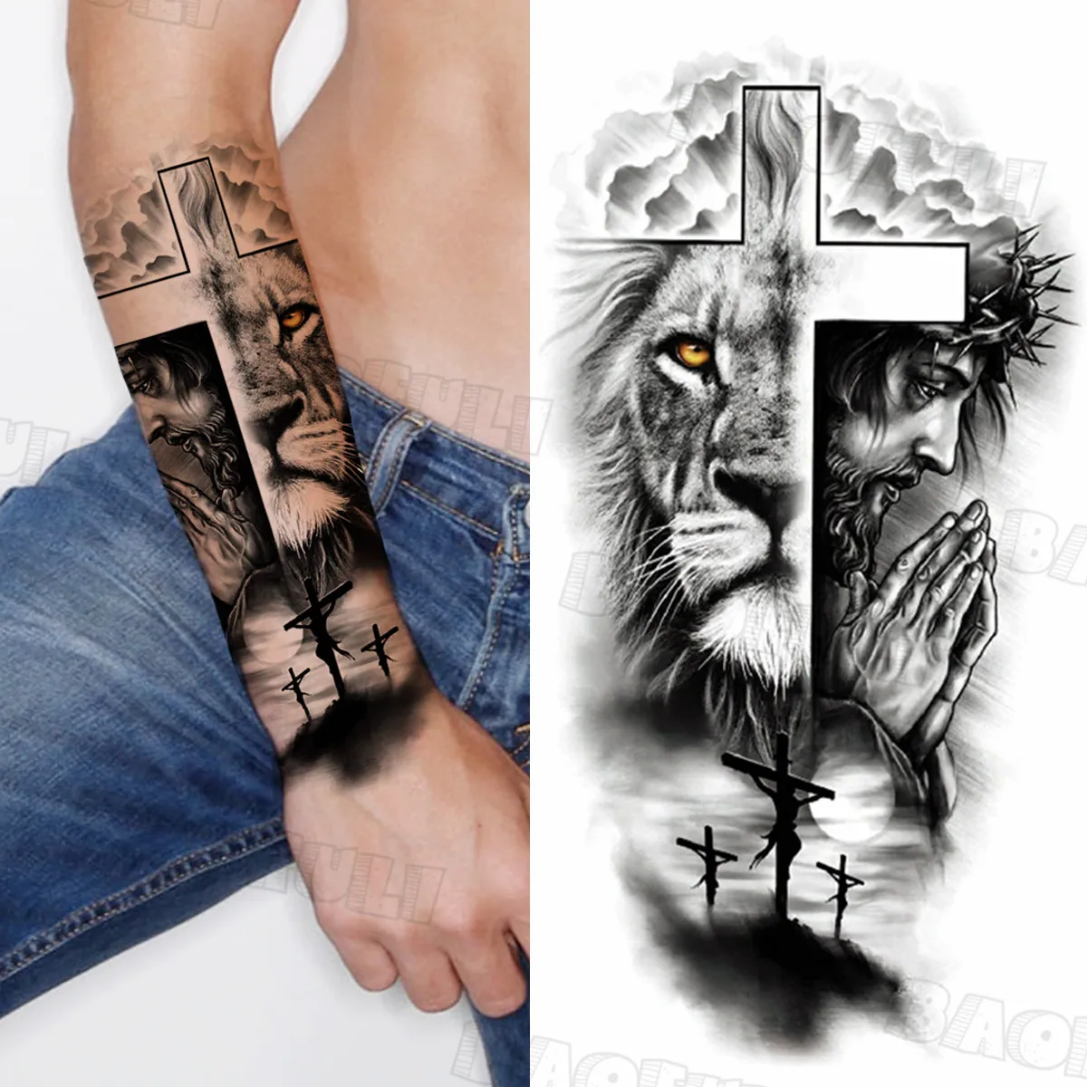 

Realistic Geometric Wolf Forest Temporary Tattoos For Men Adult Tiger Lion Tribal Fake Tattoo Water Transfer Tatoos Waterproof