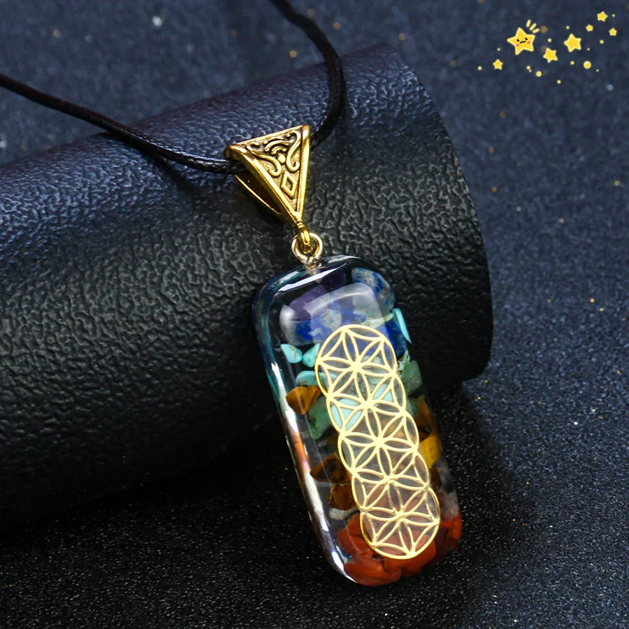 

Colorful Natural Stone Gravel Pendant Jewelry Organ Flower of Life Yoga Meditation Healing Energy Pendant women men Necklace