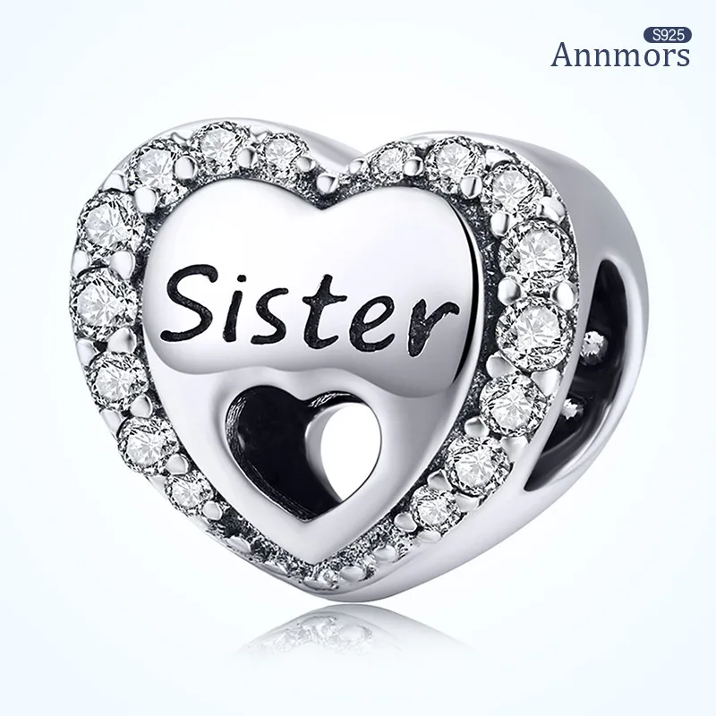 

Hollow Heart Shaped Sister Charms Bangle Pendant Silver Plating Silver Zircon Fits Original Bracelet Charms Jewelry