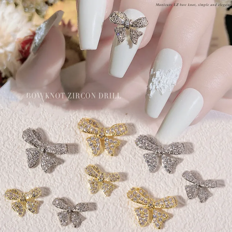 

Korean Blingbling Bowknot Nail Charms Gold & Silver Color Full Diamond Rhinestone Nail Art Decoration For Nail Supplies