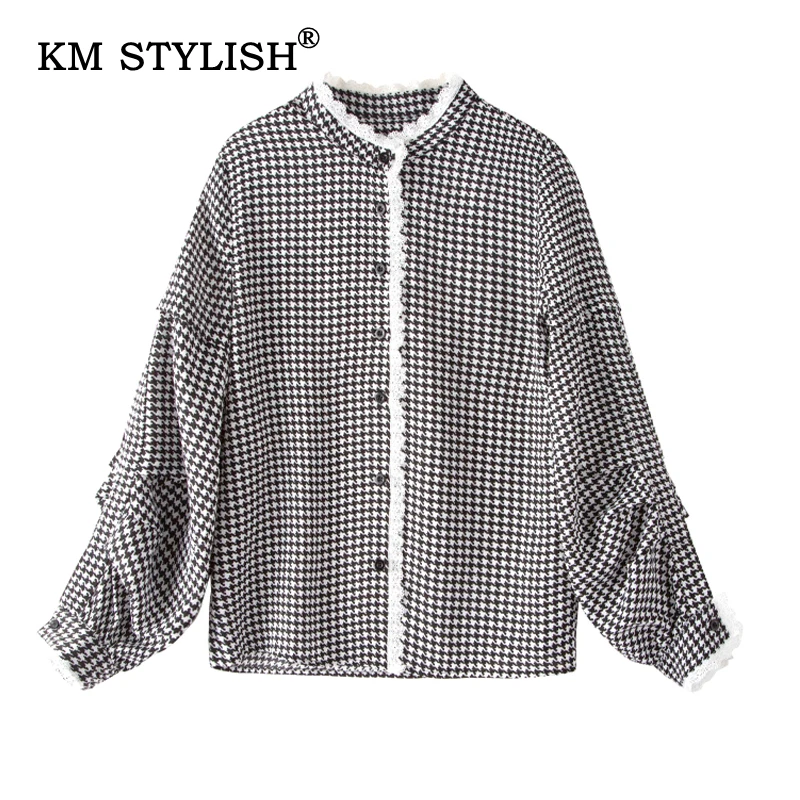 

New Women Stand Collar Plaid Chiffon Loose Blouse Lantern-sleeve Elegant Shirts Female Fashion Single-breasted Tops