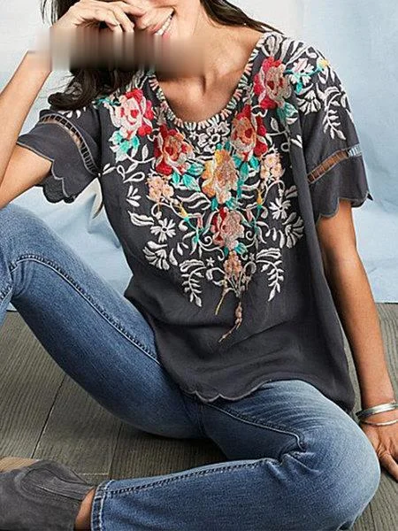 

Zoulv 2021 Women Plus Size 5XL Geometry O-neck Summer Shirt Blouse Large Size Tops Women Blouse Embroidery Patchwork Tops