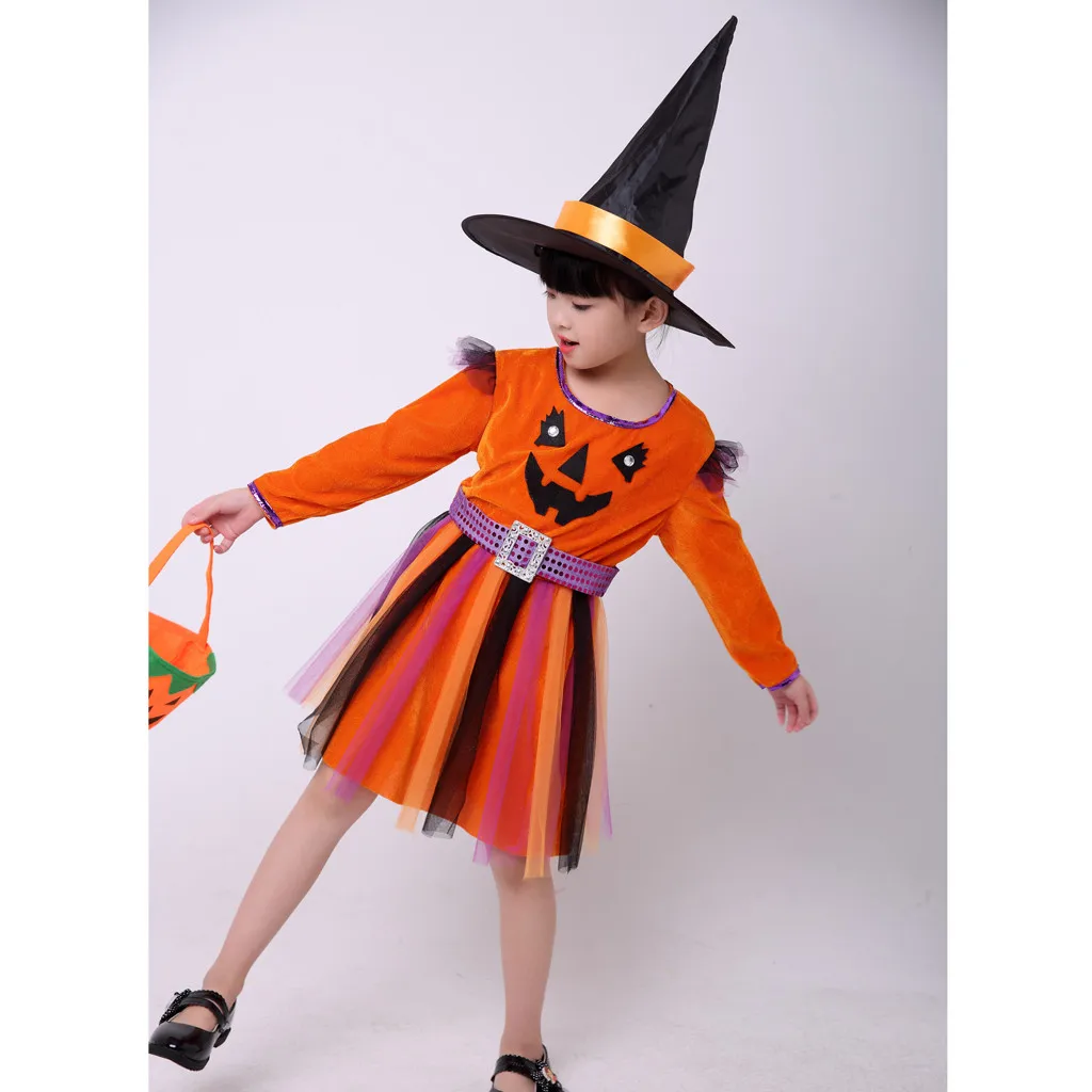 TELOTUNY Baby Kids Girls Halloween Long Sleeve Pumpkin demon Printed dress children's Princess +Cap+ Bags Costume Outfits ZA14 | Детская