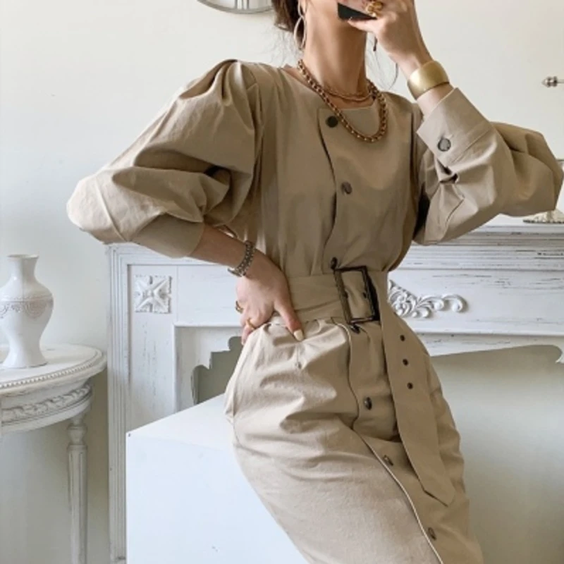 

Vintage Dress For Women Single-Breasted Puff Long Sleeve Lady Elegant Sashes Shirt Dress Spring New