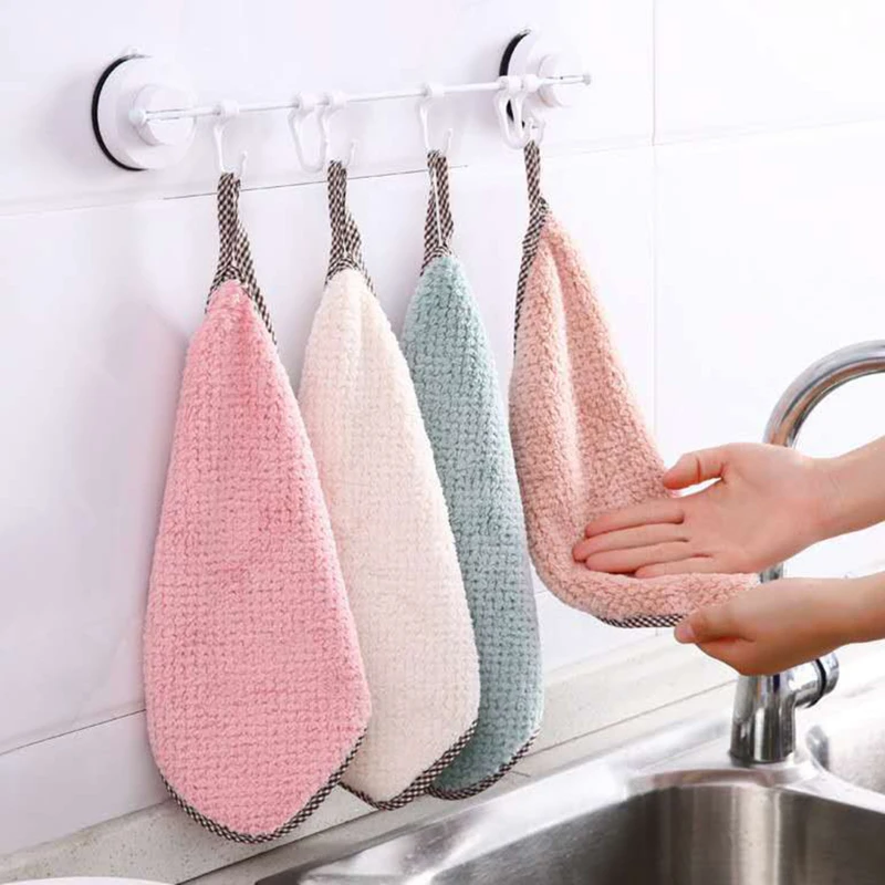 

10pcs Scouring Pad Microfiber Kitchen Dish Cloth Wrapped Hanging Hand Towels Thick Plaid Coral Fleece Rags Absorbent Dish Towel