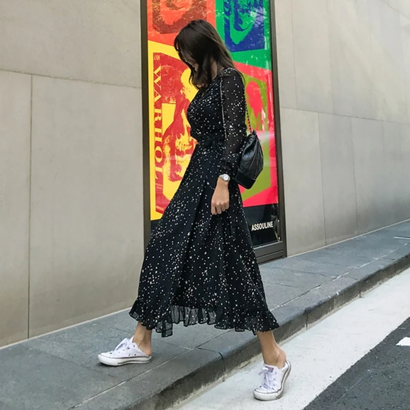 Элегантное шифоновое женское длинное платье с оборками и принтом звезд Осеннее