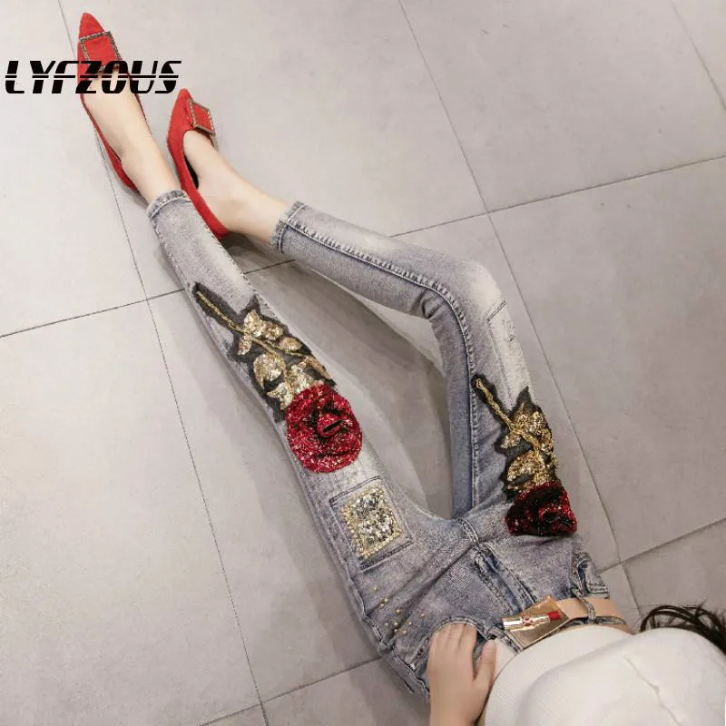 

Europe Style Women Fashion Jeans Spring Autumn Female Students Red Sequins Slim mathing Denim pencil Pants Trousers girls jeans