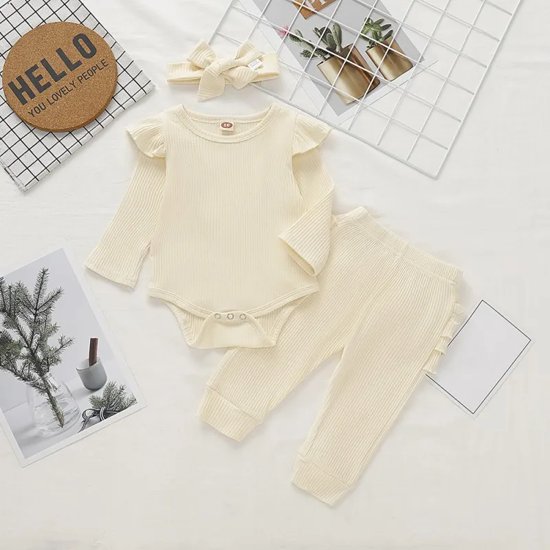 

Infant Spring Autumn Casual Sets Baby Solid Color Long Sleeve Romper Trousers Headband Three-piece Girls Pure Cotton Set