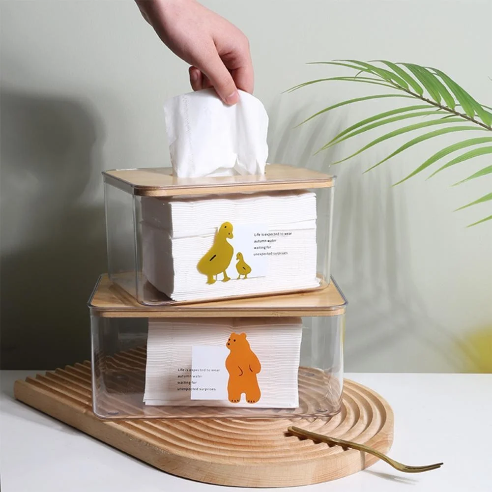 

Clear Napkin Container Cartoon Bear Pattern PET Tissue Box w/Wood Lid Minimalist Anti-dust Napkin Box Tissue Holder