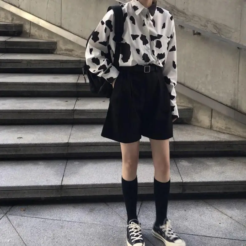 2019 женские осенние блузки и шорты с карманами принтом коровы повседневные