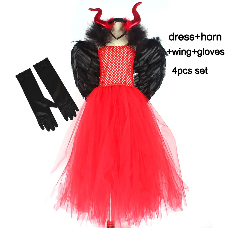 4pcs set Красный дьявольский Хеллоуин платье-пачка для девочек костюм детское малиновое платье с рогами и крыльями Косплей вечерние одежда ведьмы - Цвет: 4pcs set