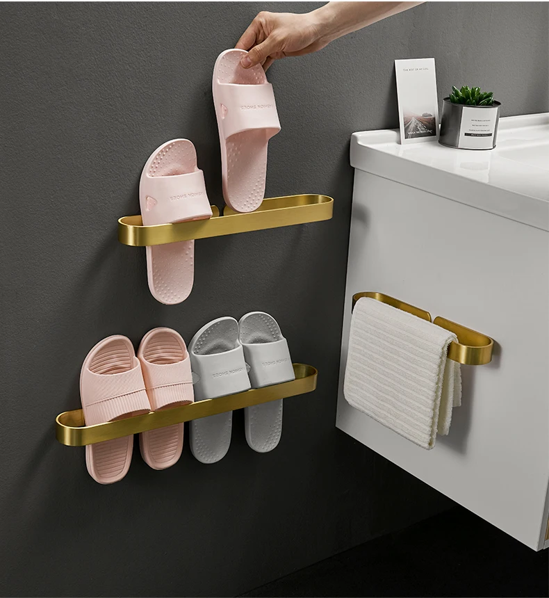 

Bathroom Slipper Rack Wall Mounted Shoe Rack Bathroom Storage Rack Non Perforated Gold Space Aluminum